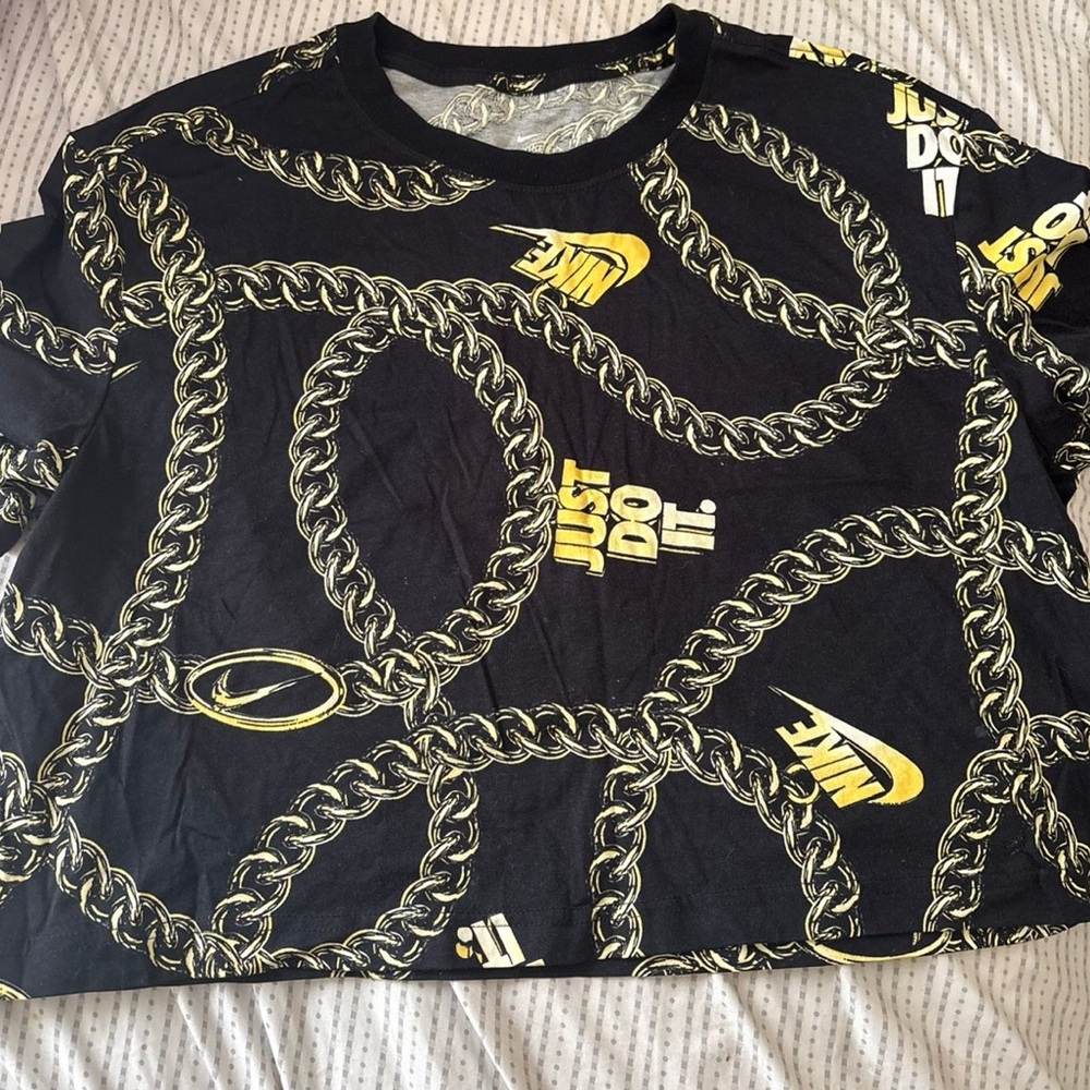 Nike Black Tee with Yellow Swoosh & Gold Chain Print